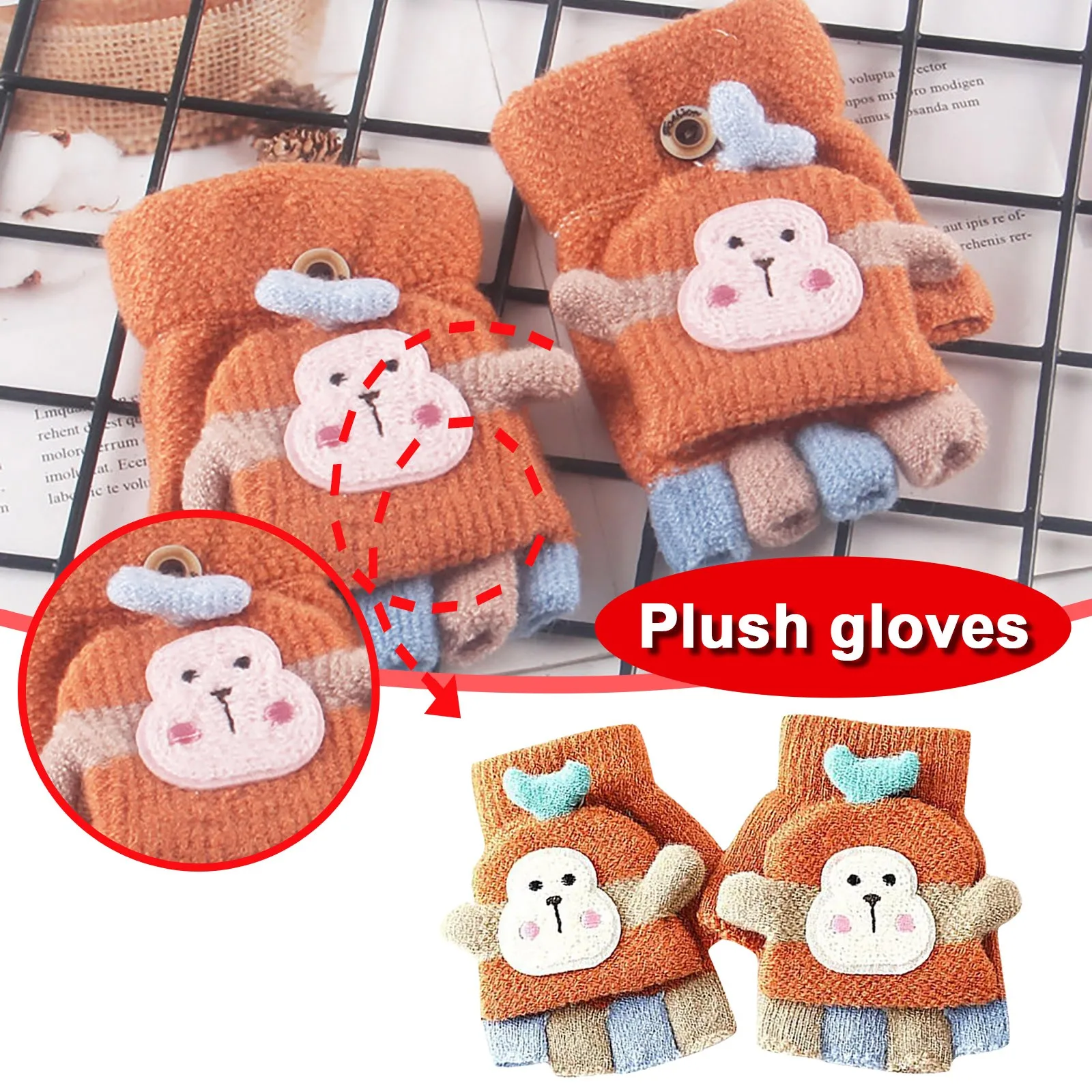 

Детские перчатки с мультяшным принтом животных, теплые шерстяные перчатки с откидной крышкой на полпальца на осень и зиму, перчатки без пал...