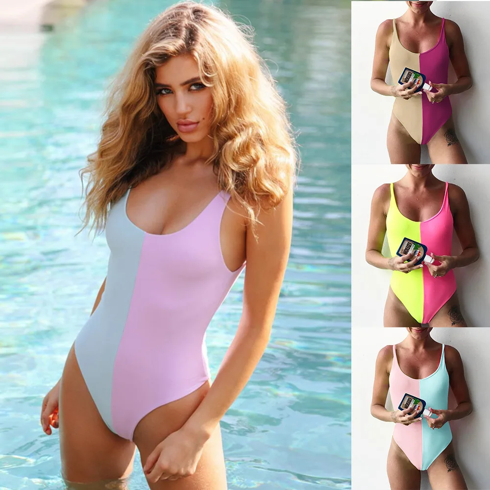 Color Patchwork Unpadded Sexy One Piece Swimwear Women Swimsuit Backless Bikini Bathing Suit Swimming Summer |