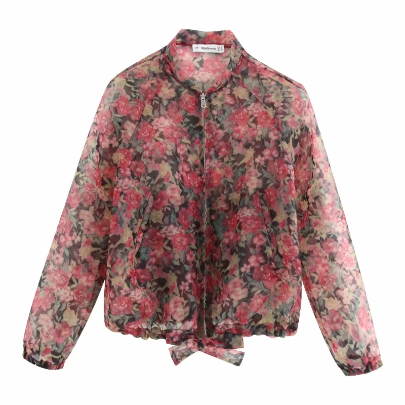 Женская свободная куртка из органзы винтажная прозрачная летная с цветочным