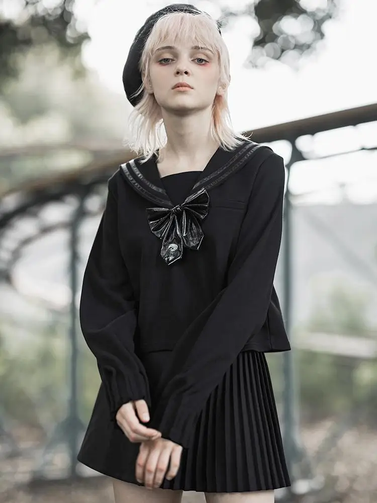 Панк рейв женская с длинными рукавами матросский воротник PU бантом Толстовка PT