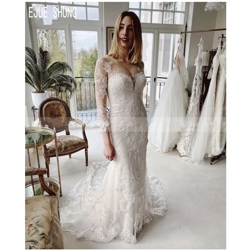 

EJUE SHUNG New Modest Mermaid Wedding Dresses 2020 Long Sleeves Sheer Scoop Neck White Wedding Gowns Button Back Bridal Dresses