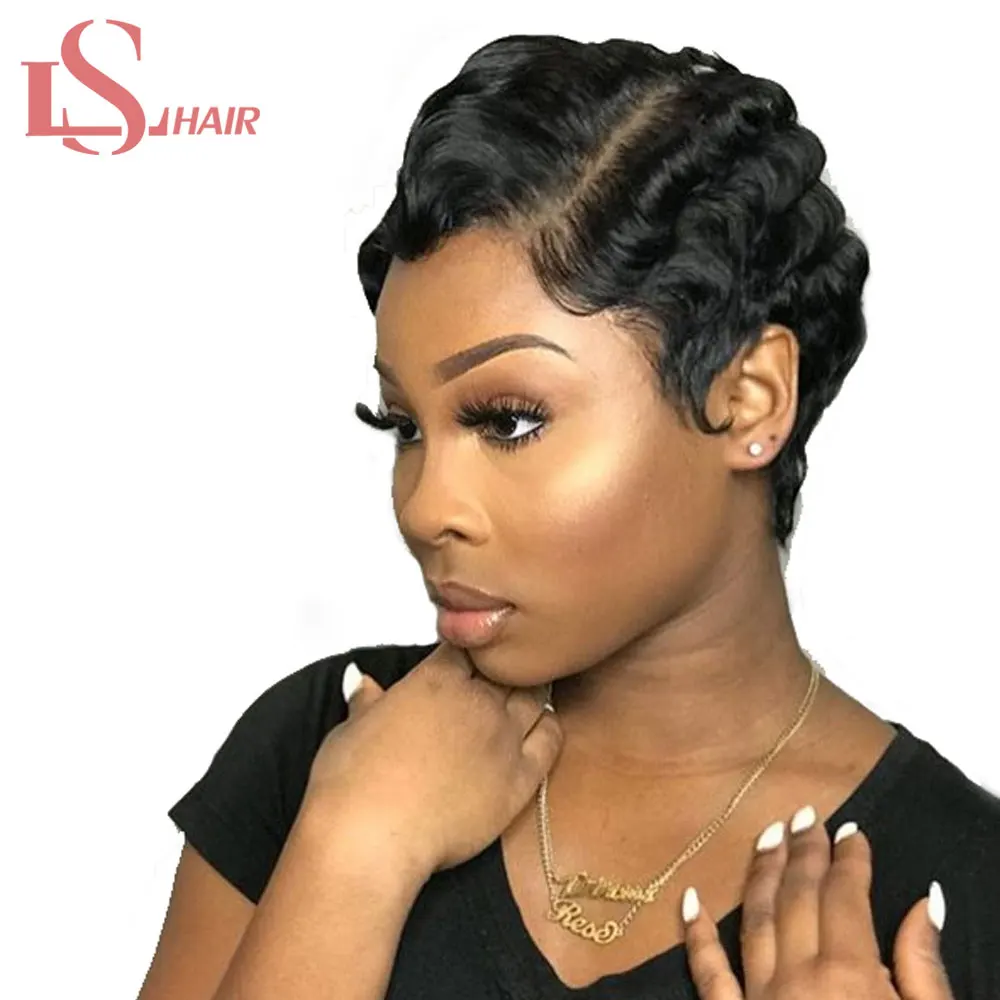 LS короткие человеческие волосы парики с челкой малайзийские океанской волной не