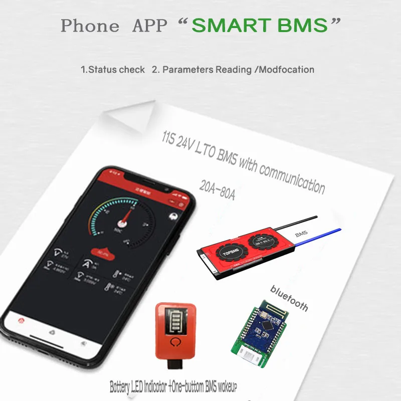 Lithium Titanate BMS bluetooth 11S 24V 20A -80A phone APP RS485 CANbus UART for LTO Batteries 2.3V2.4V connected in 11 series |