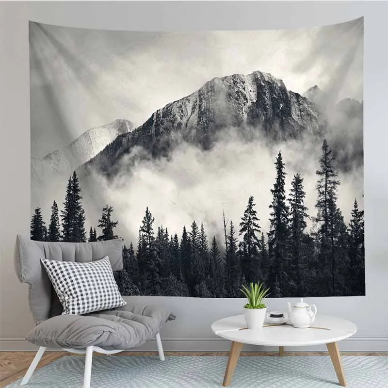 Настенный подвесной гобелен с природным пейзажем серым туманным лесом украшение
