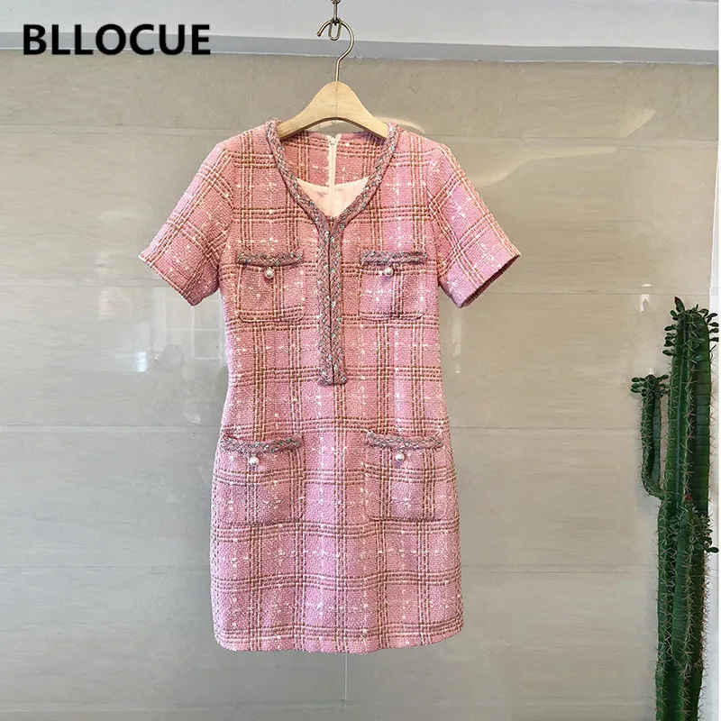 

BLLOCUE Small Fragrant Short Sleeve A-line Mini Dress 2019 Autumn Winter Women Tweed Plaid Weave Twill Pocket Wool Dress