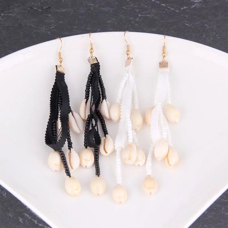 Женские Подвески в виде ракушек Boho вязаные Длинные серьги из черной ленты с