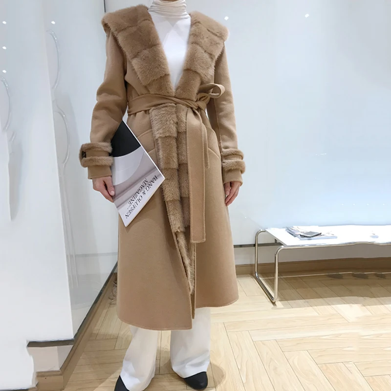 Женское зимнее меховое пальто с капюшоном из натурального меха норки