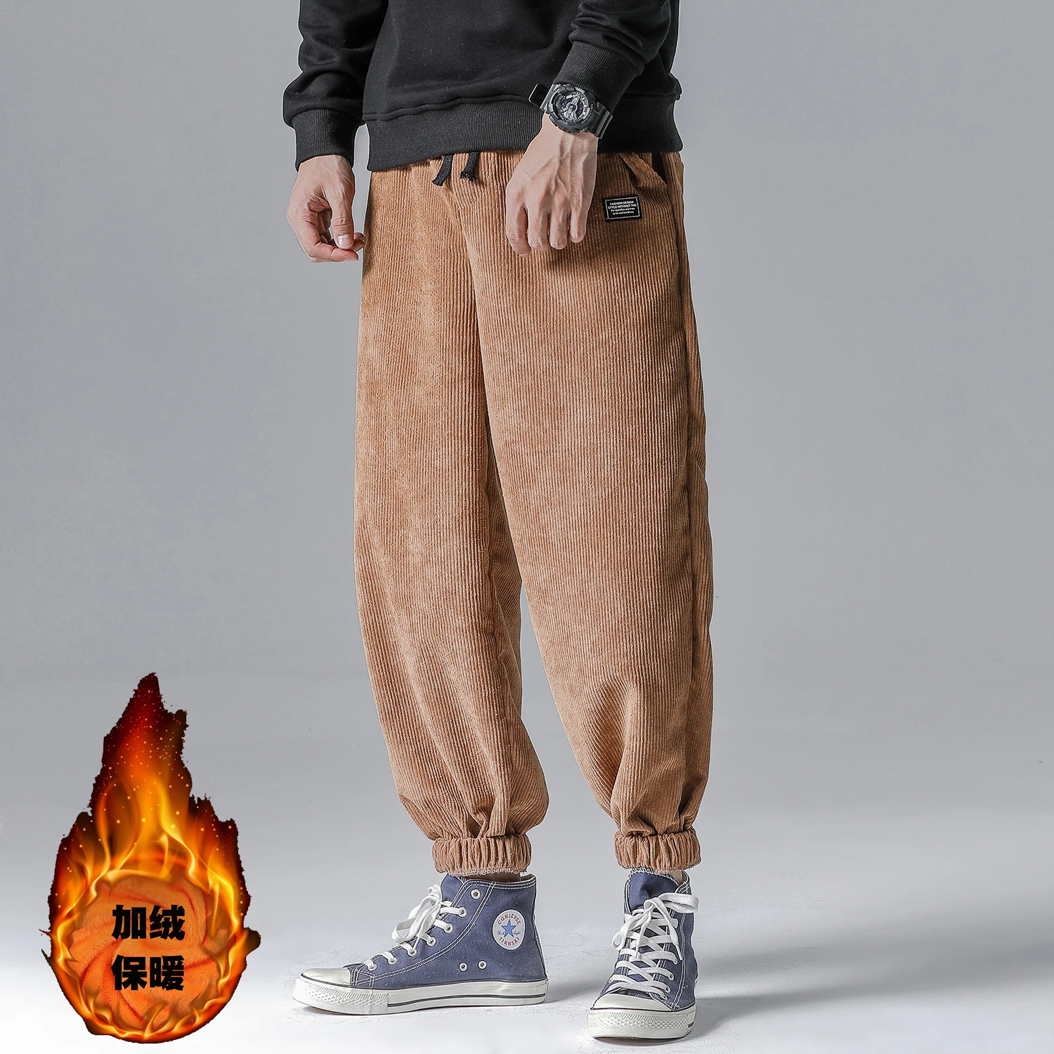 camel Plus Velvet Corduroy Pants Men's Fashion Solid Color Retro Casual Pants Men Streetwear Loose Hip Hop Trousers Large Size M-5XL - Цвет: camel