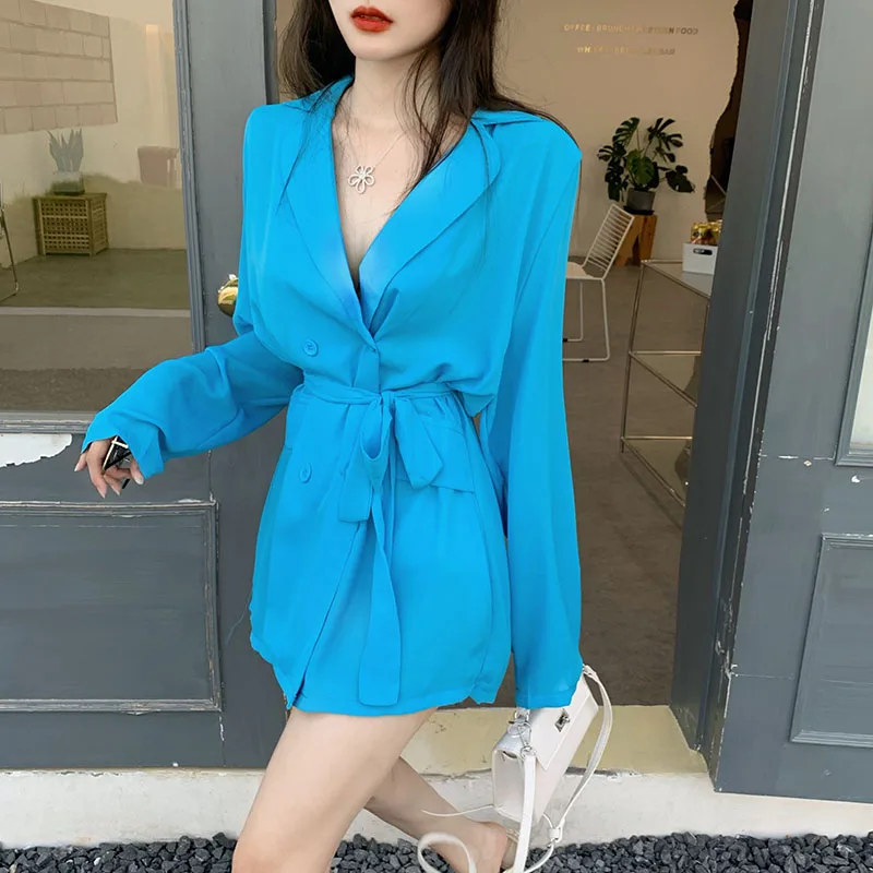 

HziriP OL Suit Jacket Female Notched Chiffon Blazer 2020 New Autumn Long Sleeve Women Blazers Solid White Blue Sunscreen Tops