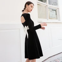 yigelila fashion women black backless dress elegant square collar velvet dress empire slim bow dress 66179