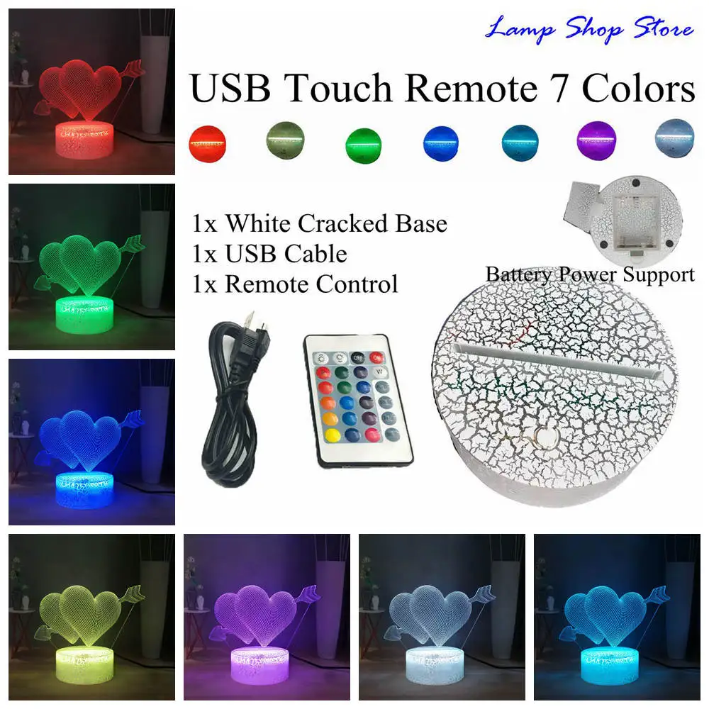 W-USB Remote 7 color Романтическая 3D любовь стрелка через сердце светодиодный 7 красочная настольная лампа Свадебная атмосферная лампа USB мини прикроватная лампа подарок подруге - Испускаемый цвет: W-USB Remote 7 color