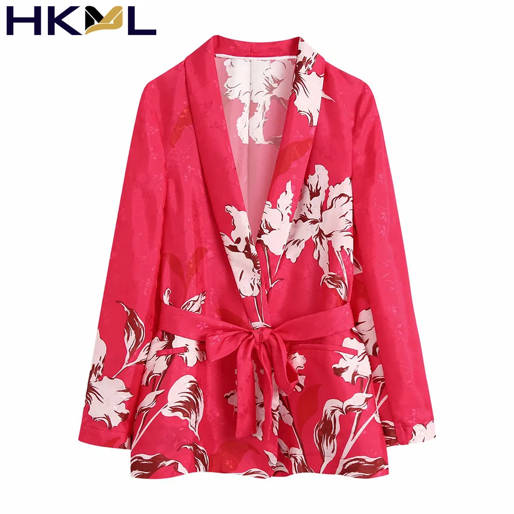 

Women Fashion With Belt Floral Print Blazer Coat Vintage Long Sleeve Welt Pockets Female Outerwear Chic Veste