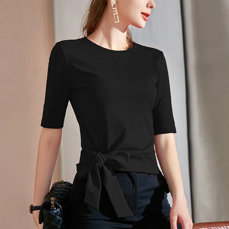 

Mid sleeve T-shirt women's new women's dress in early autumn 2020 5-sleeve fashion T-shirt with tie and bow design
