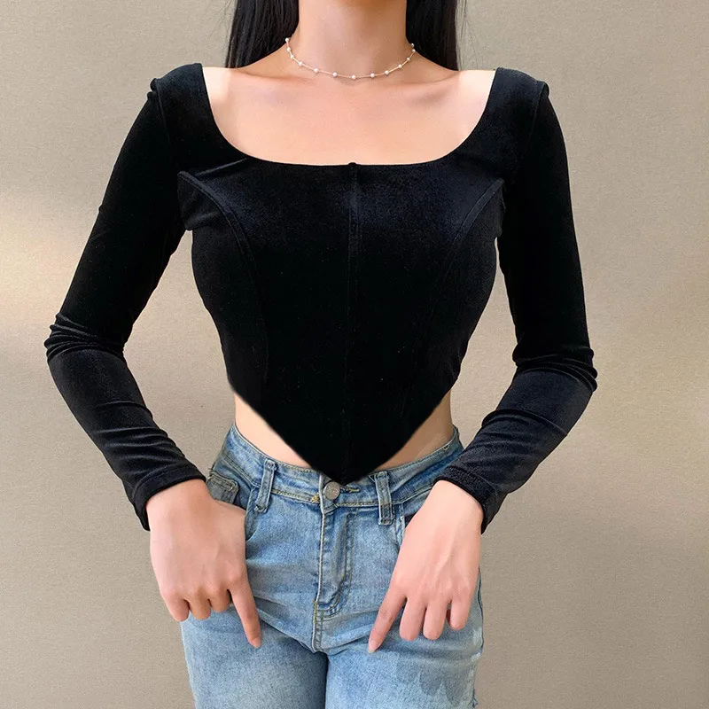 

Женская винтажная короткая футболка с открытым пупком, однотонная Облегающая рубашка с длинным рукавом-фонариком и квадратным вырезом, ули...