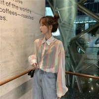 womens harajuku shiny shirt women rainbow bright long sleeve see through top blouse for ladies summer sexy transparent top