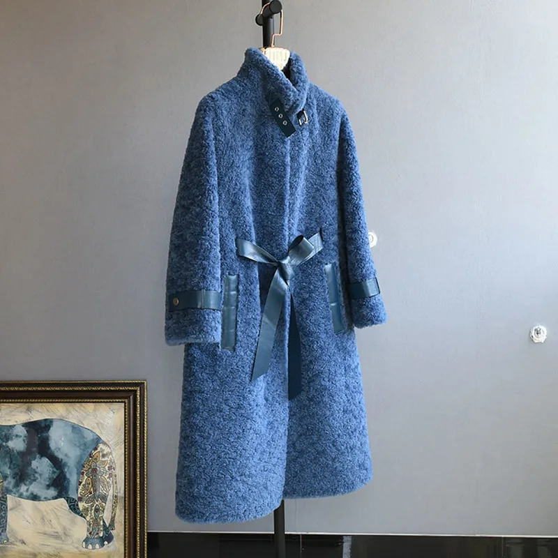 Женское длинное пальто с овчиной шерстяное в Корейском стиле A0056 KJ3491 Осень-зима