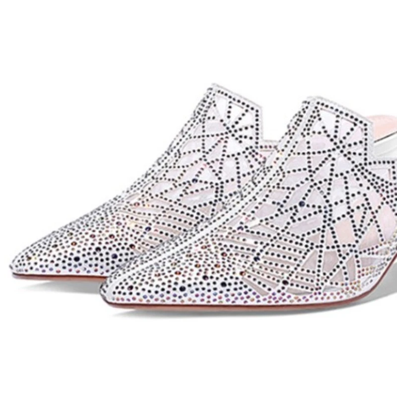 

RizaBina Women Sandals Real Leather Crystal Sexy Women Shoes Summer Slip On Pointed Toe Party Casual Mujer Zapatos Size 34-39