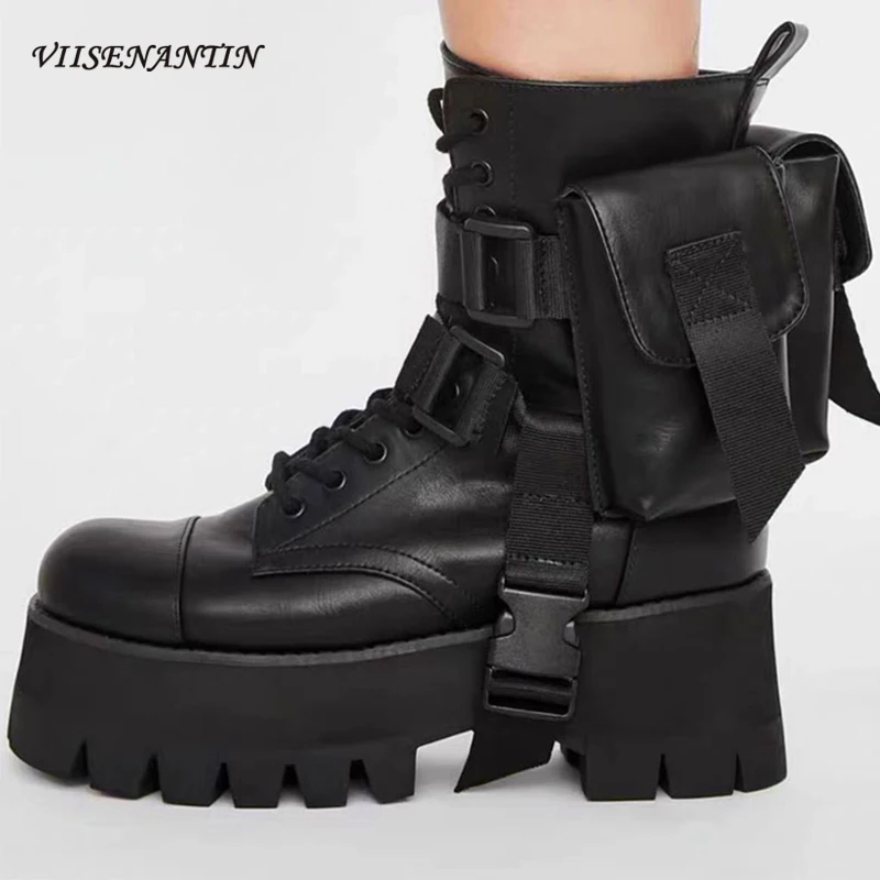 Черные кожаные ботинки на плоской платформе рыцарские с карманами Декор Крутые