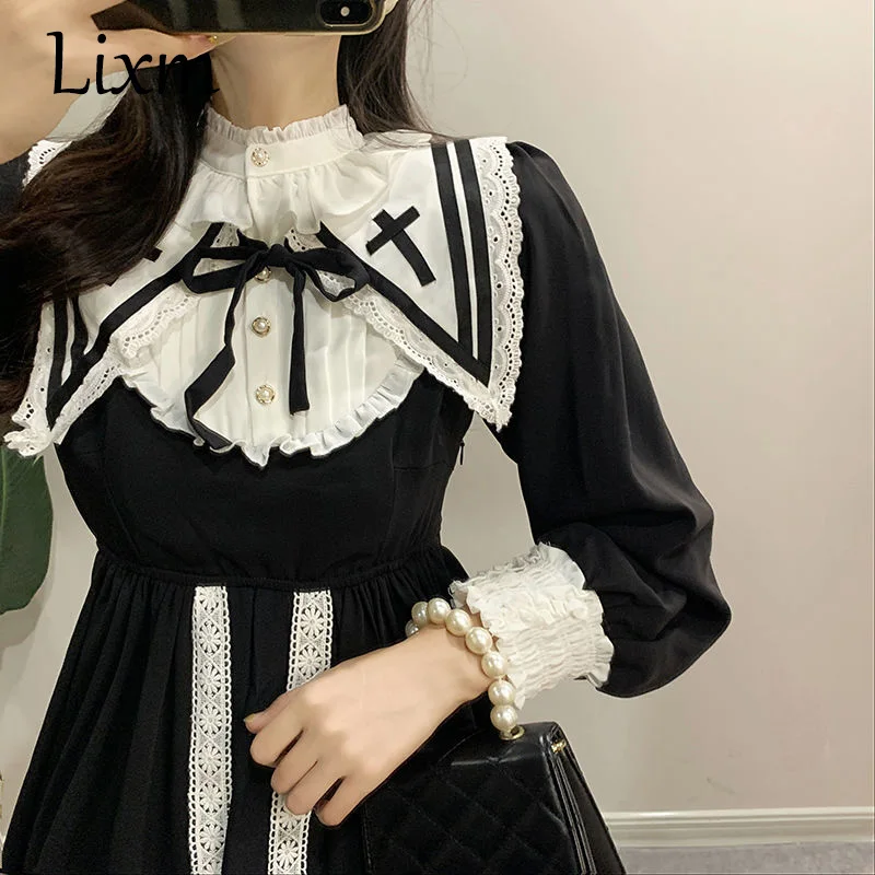 

Gothic Lolita Retro Hepburn style little black dress super fairy navy collar ruffled dress long sleeve princess dress kawaii