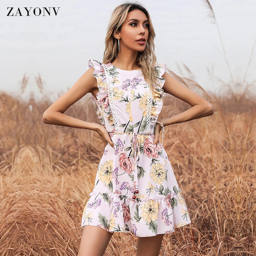 

Women's Cute Floral Print Mini Dresses Sleeveless Ruffle Pleated Flare Dress