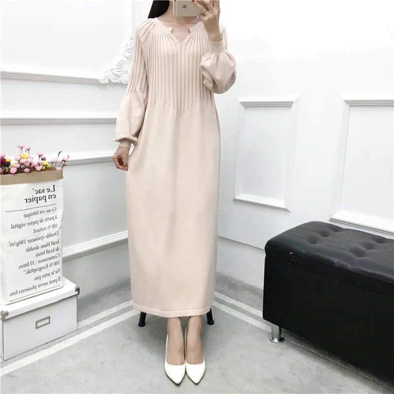 Корейский стиль осень и зима большой размер длинный толстый свитер платье с v