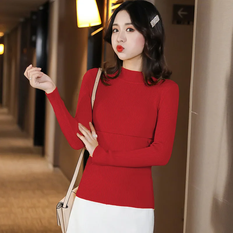 Трикотажный свитер для кормящих матерей с круглым вырезом Трикотажные топы мам