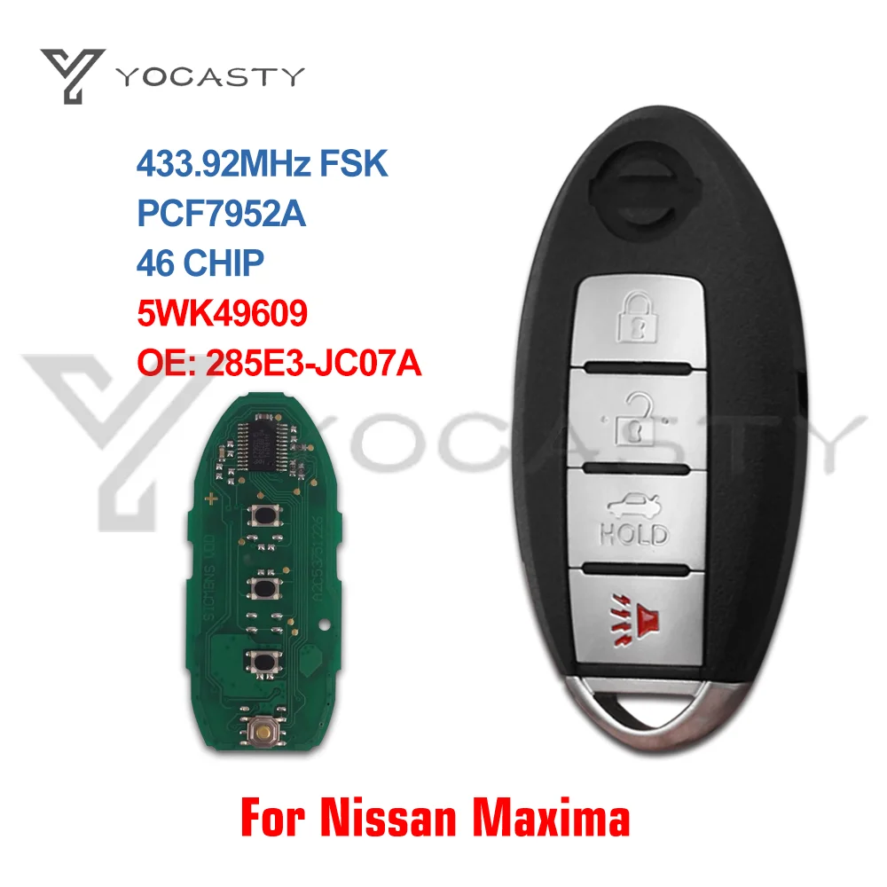 

YOCASTY 4 Button Smart Remote Key 433MHz Keyless Entry for Nissan Maxima 2008 2009 2010 2011 2012 2013 2014 2015 285E3-JC07A