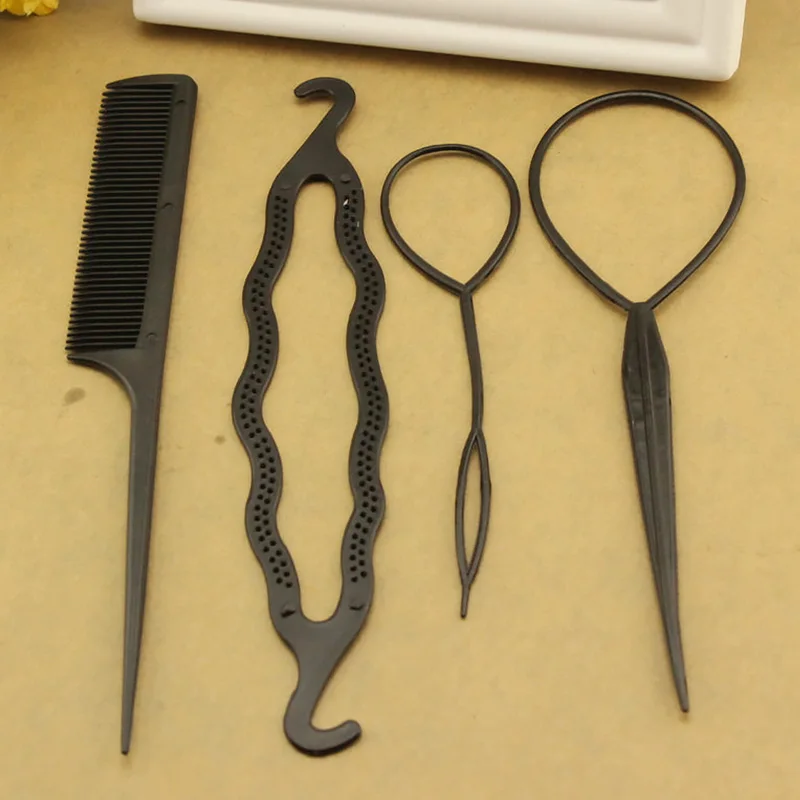 

4Pcs/set Popular Ponytail Creator Plastic Loop Styling Barber Tools Black Pony Tail Clip Hair Braid Maker Styling Hairpin Tool