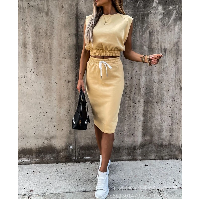 

Mandylandy Summer Sleeveless O-Neck Short Vest + Lace Up High Waist Sheath Skirt Suit Women's Casual Solid Color Slim Suit