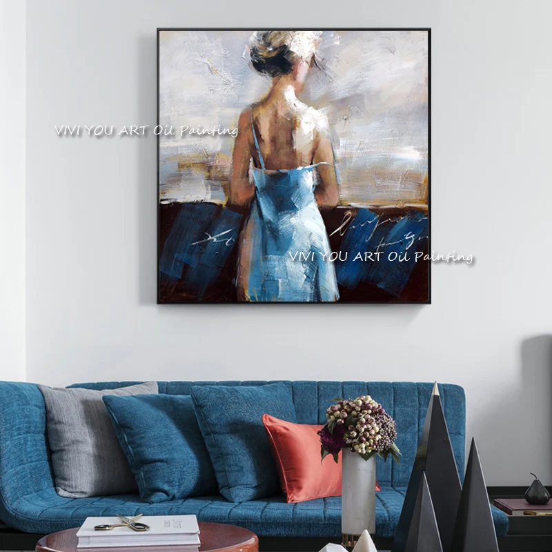 

Home Decoration Hand Painted Thinking Girl Dressing Blue Skirt Abstract Canvas Oil Painting Wall Picture for Living Room