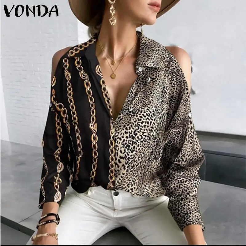 

VONDA 2022 New Autumn Vintage Patchwork Tops Women Long Sleeved Off Shoulder Party Shirts Button Up Casual Loose Elegant Blouse