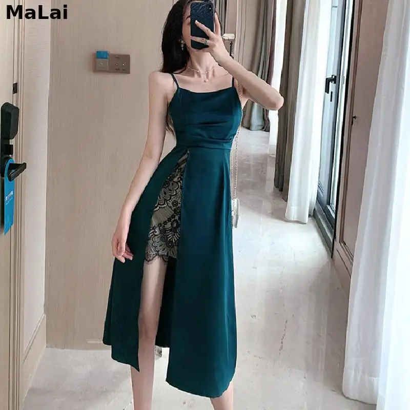 

Women Dress Summer Vintage Long Dress One-Piece Korean Elegant Slim Waist Female Dress New Fairycore Satin Lace Suspender Dress
