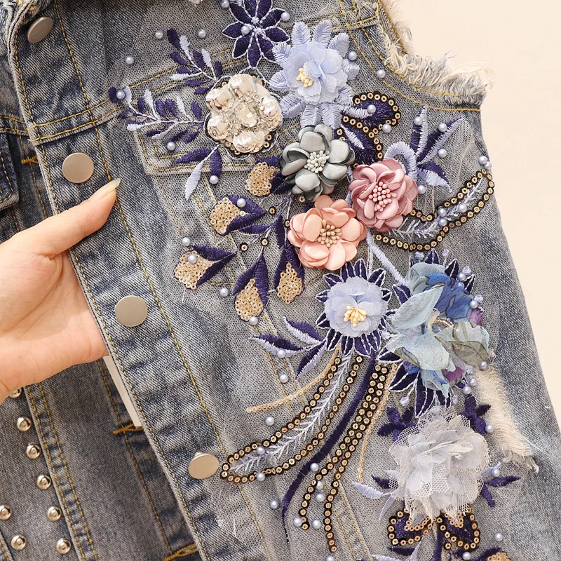 Джинсовый женский жилет 2020 осенняя Новинка корейская мода вышивка бисером цветы