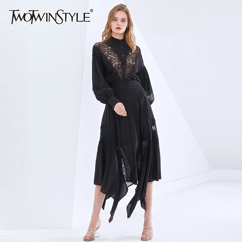 

TWOTWINSTYLE Patchwork Lace White Set For Women Stand Collar Lantern Sleeve Tops High Waist Irregular Hem Skirts Female Suit New