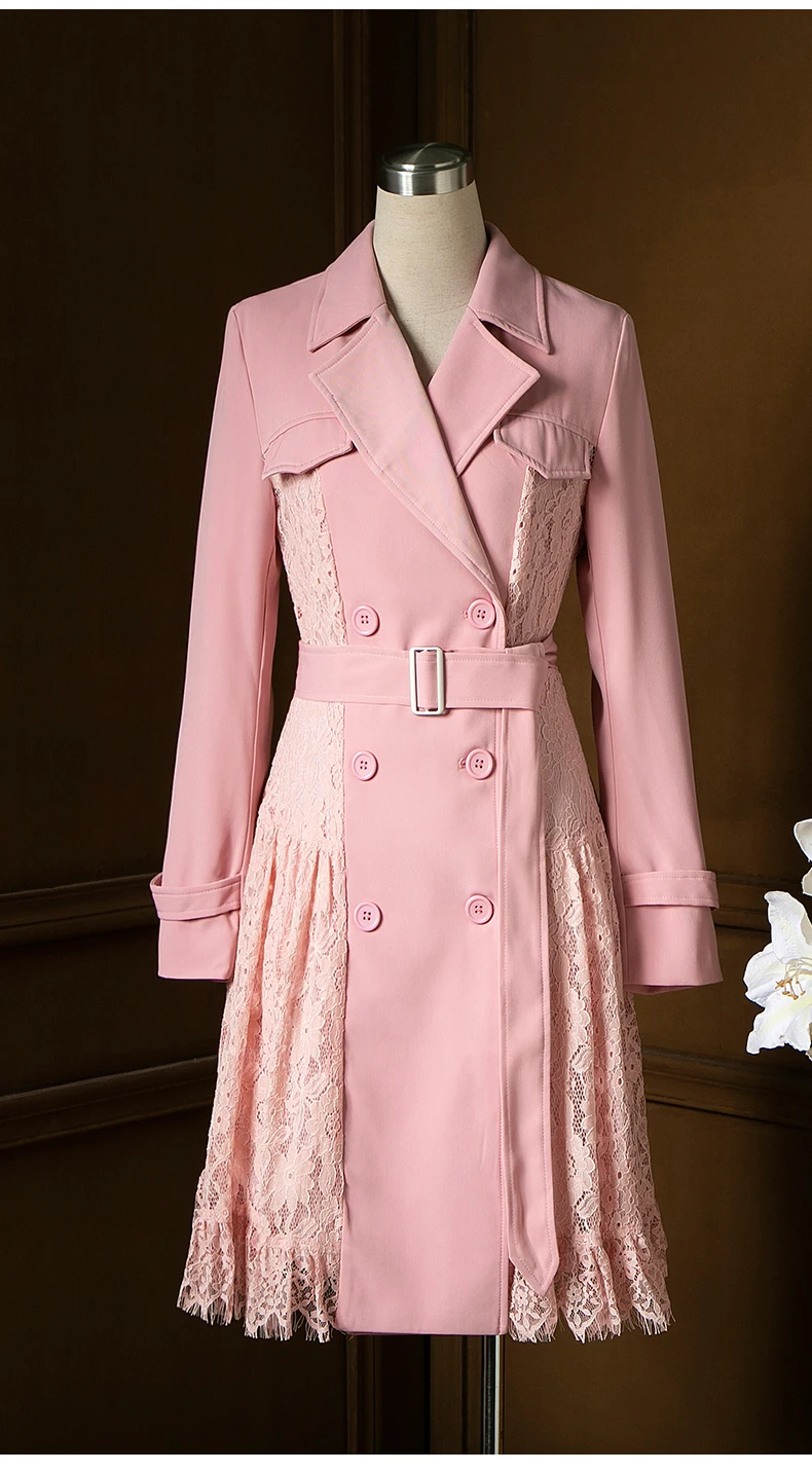 

Top Quality New 2020 Autumn Long Coat Dress Women Notched Collar Lace Patchwork Double Breasted Trench Style Dress Apricot Pink