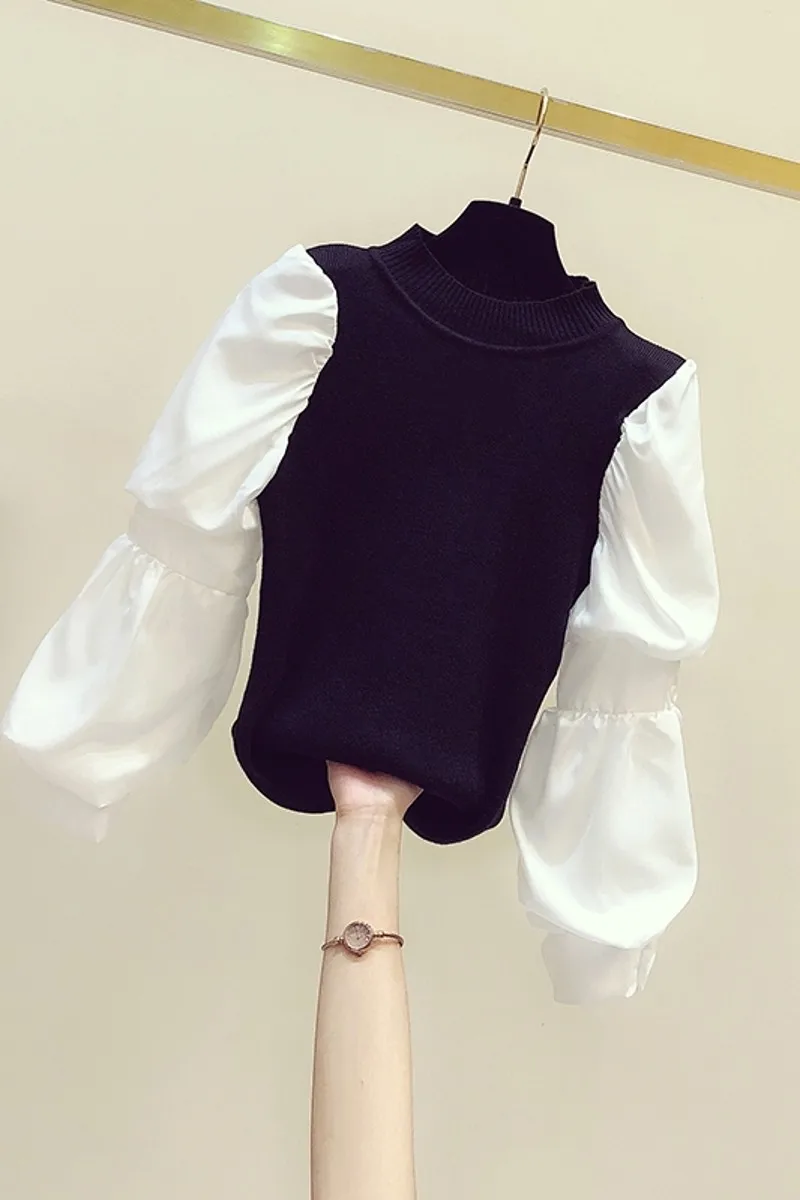 

2020 Autumn Winter New Fake Two Pieces Slimming Sweater Women Puff Sleeve Stitching Half Turtleneck Sweaters Girls Knit Shirts