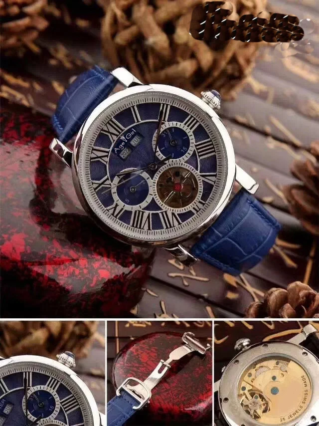 

Luxury Brand New Men Automatic Mechanical Watch Silver White Blue Leather Tourbillon Rome Dual Time Skeleton Daydate Sapphire