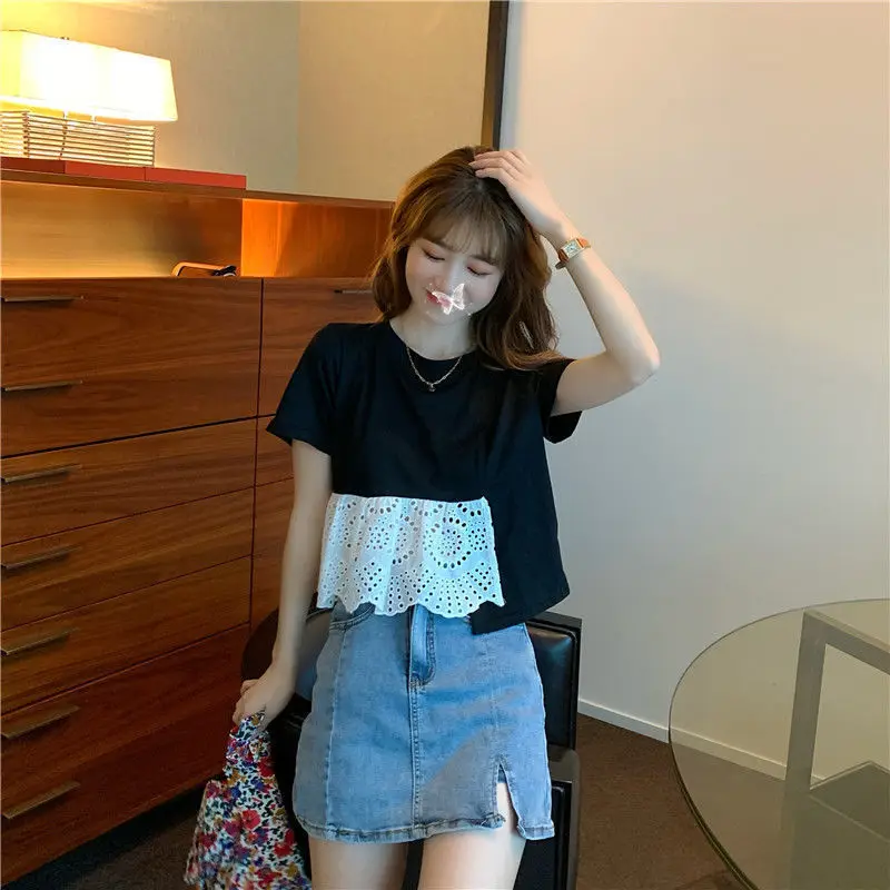 

2021 summer new irregular hollow lace stitching top short sleeve T-shirt