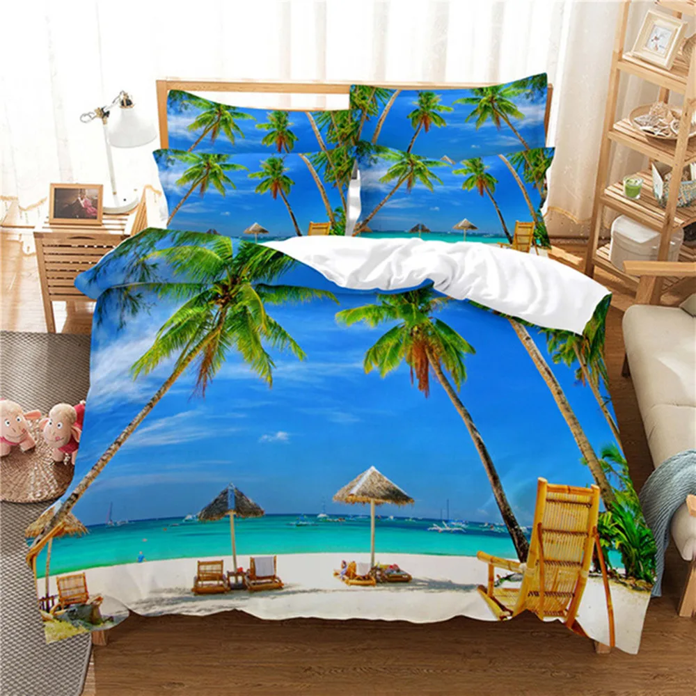 Beach Sea Sky Coconut Tree Bedding Set King Queen Duvet Cover Sets Pillowcase Bed Linen Comforter Adult Kids Queen King Size