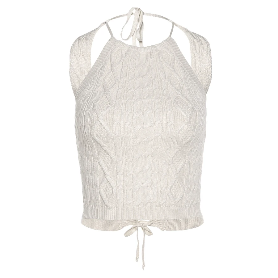 

Sylcue Summer new weave halter hollow United States back sweater maiden cross Hollow Sexy lace-up Vintage Style corset crop tops