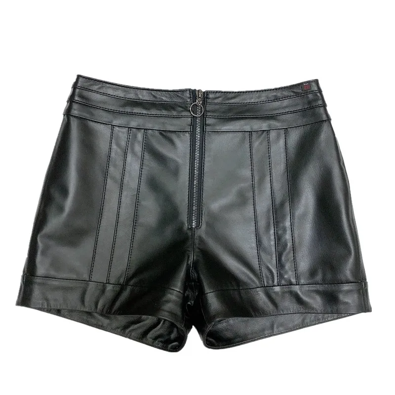 

Genuine Leather Women Shorts Fashion Patchwork Zipper Sheepskin Hotpants Female Sexy Slim Fit High Waist Straight Mini Trousers