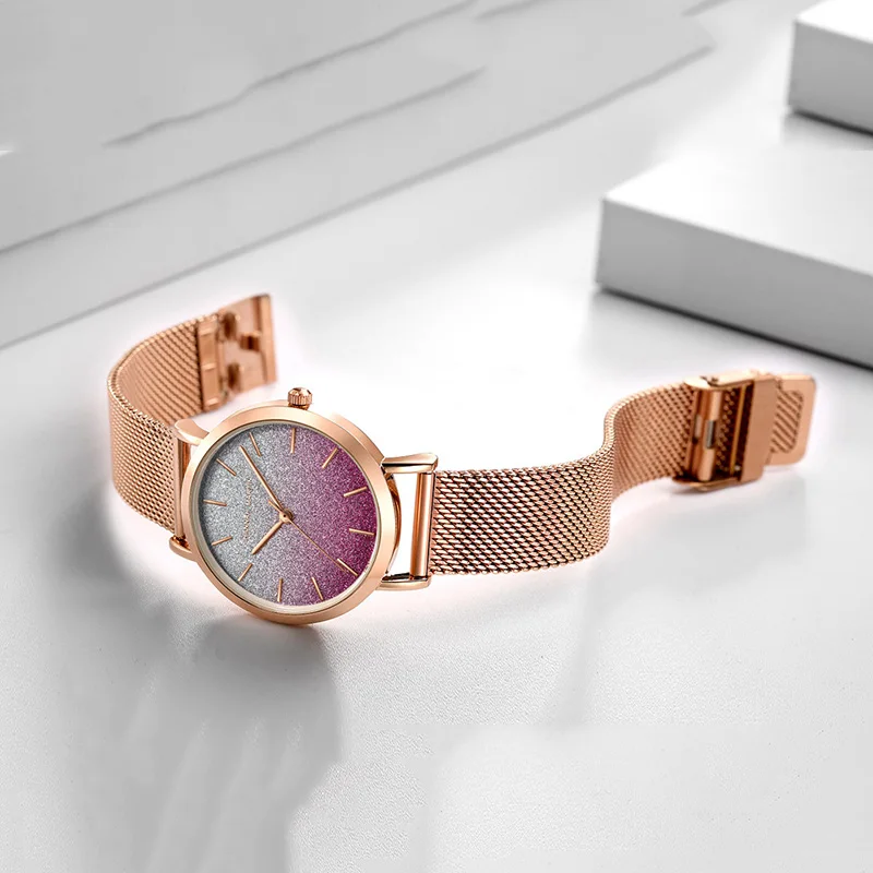 Женские кварцевые часы розовые модные роскошные розовое золото сетка женские