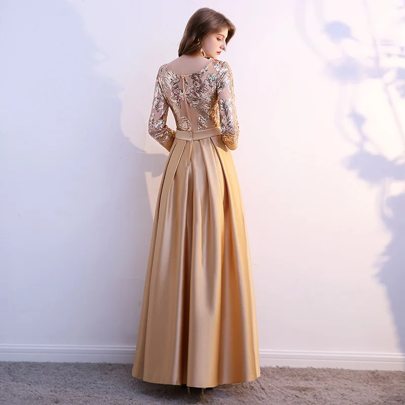 

Women's long formal prom evening dress Plus size O neck sequined twill satin wedding party dress gold navy red cocktail dress