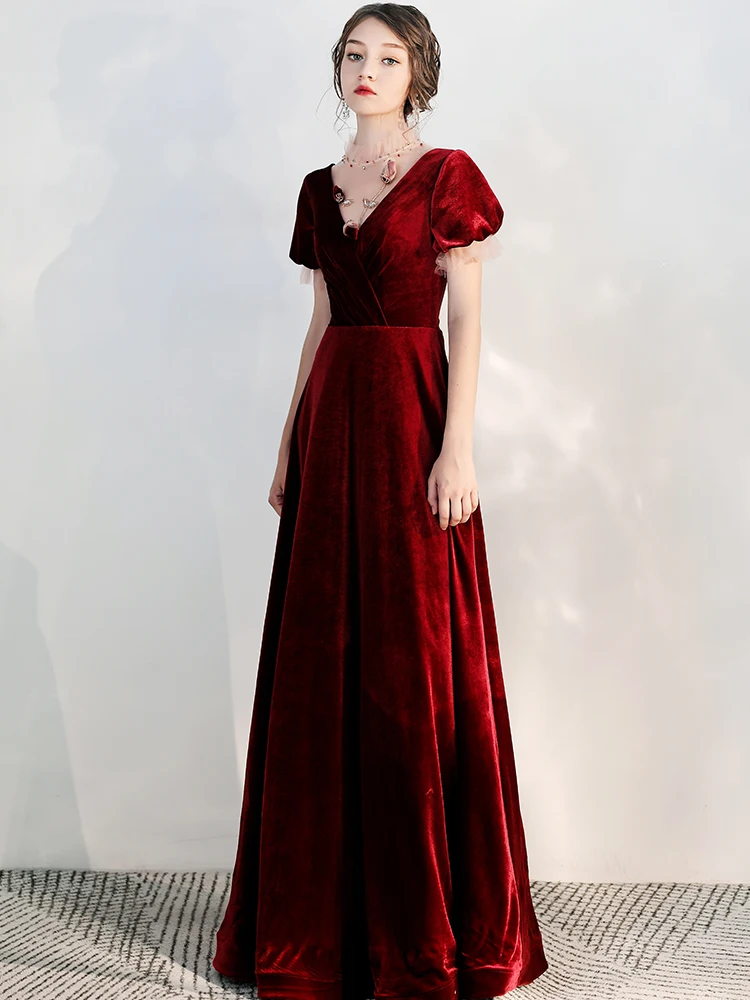 SSYFashion зима новый банкет Элегантный бордовый вечернее платье дворца Винтаж