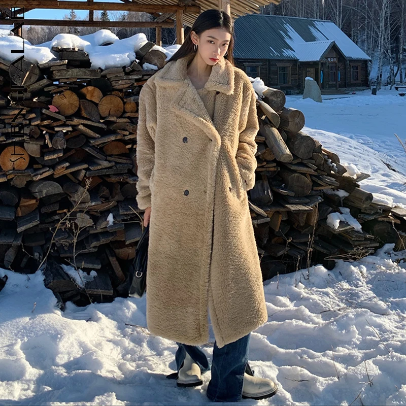

SHENGPALAE Fashion Thick Long Lamb Wool Coat Women's Winter 2021 New Lapel Loose Double Breasted Long Sleeve Warm Overcoat Tide