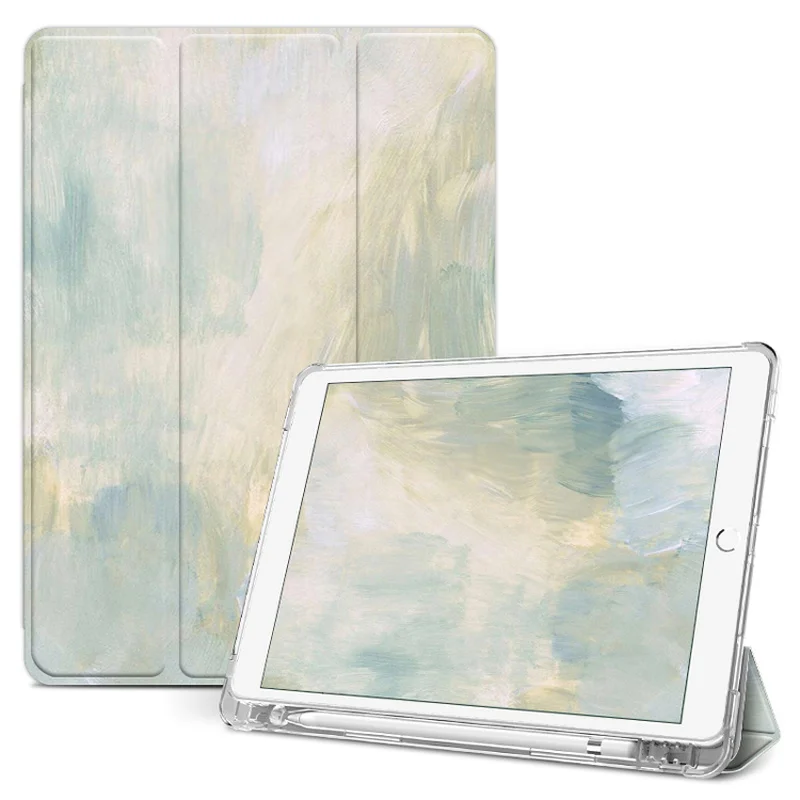 

For Ipad Pro 11 Case 2020 Tri-fold Anti-fall Airbag Soft Shell Watercolor Painting Simple Style with Pen Slot