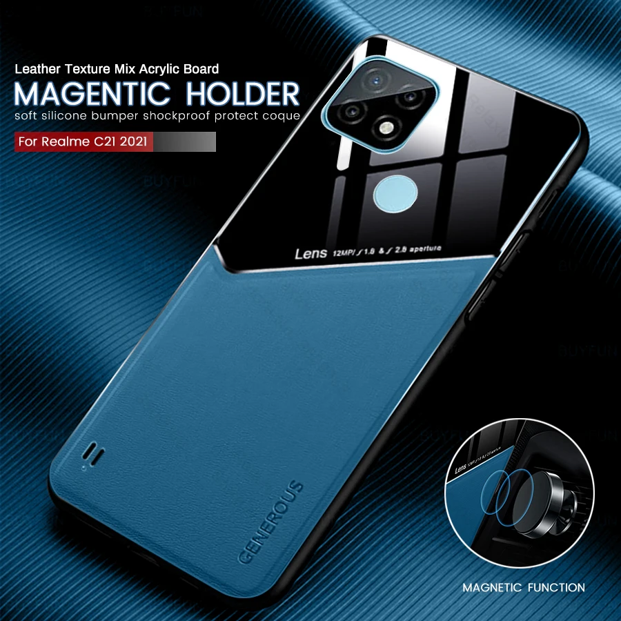 realmi c 21 case pc leather texure car magnetic suction phone case for realme c21 realmec21 soft silicon bumper shockproof coque free global shipping