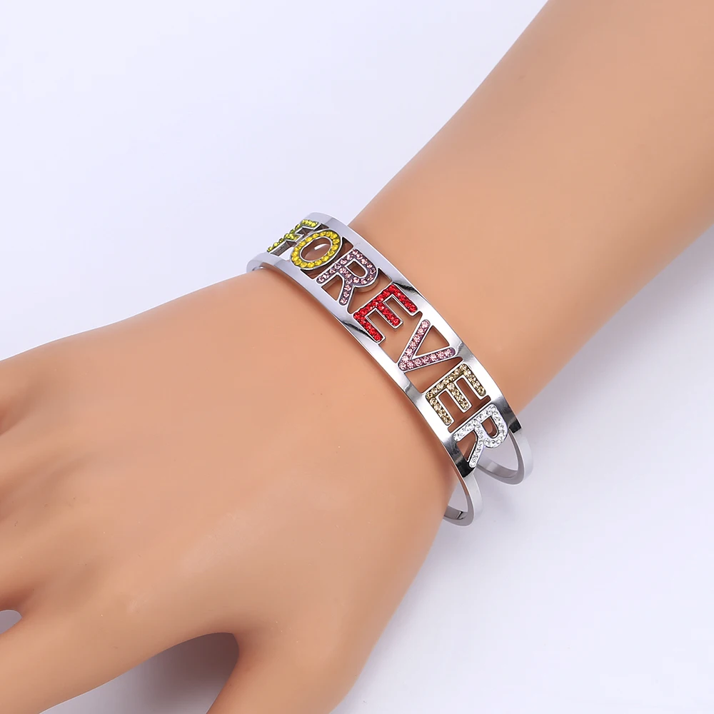 Розовое золото, Браслет-манжета с надписью FOREVER, браслет из нержавеющей стали, полый цветной браслет с кристаллами для женщин, новинка, ювелирные изделия, подарки