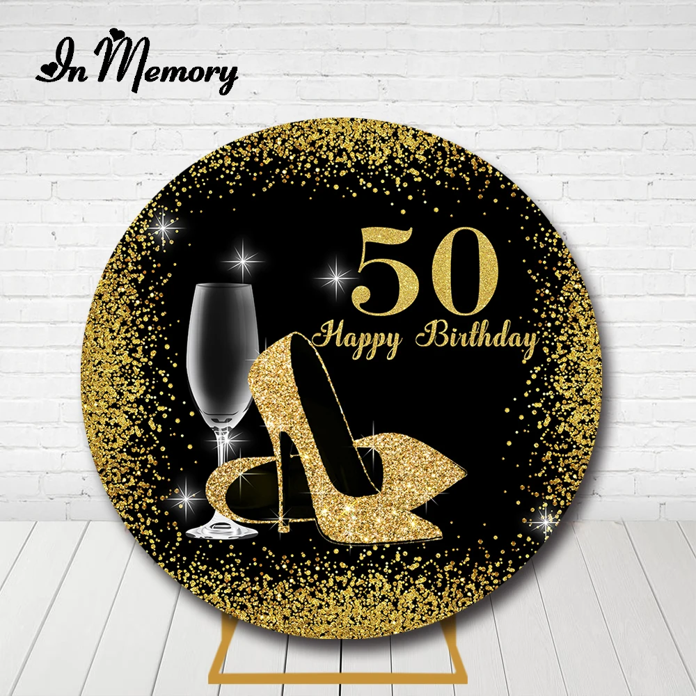 

InMemory Adult Round Backdrop Cover Black Gold Glitter Heels Woman Happy 30th 40th 50th Birthday Party Circle Background Elastic