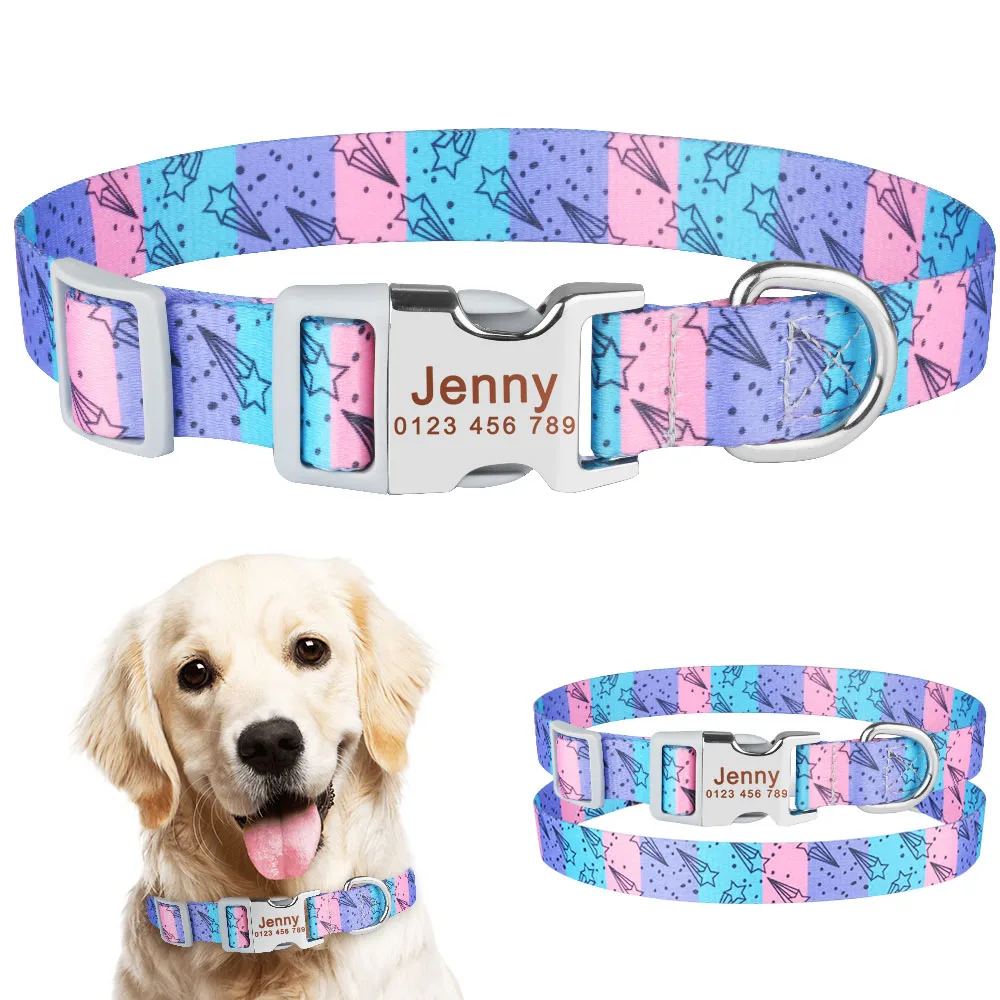 

Adjustable Nylon Cool Dog Collar Custom Carved Name Phone Blue Pitbull Personalized Dog Collar Pet Dog Tag Printing Collar